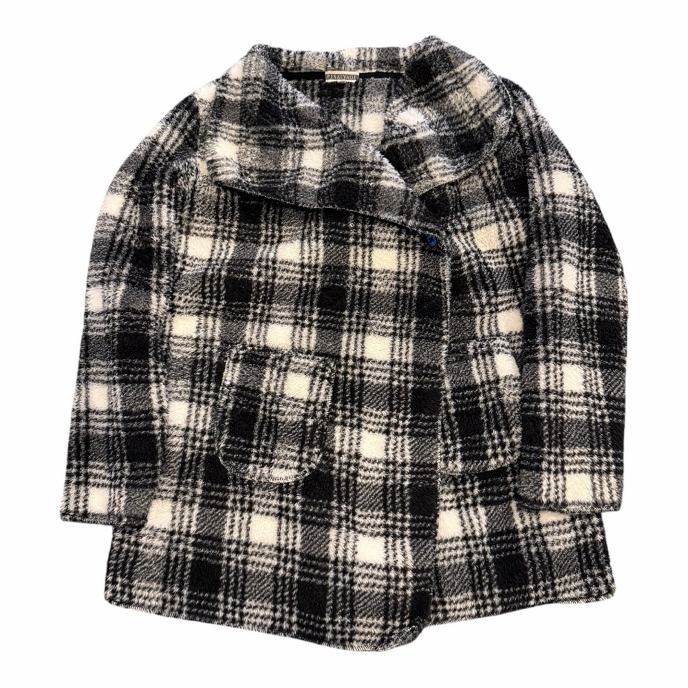 P.J. Salvage Black White Plaid Fleece‎ Jacket Cozy Button Front Medium
